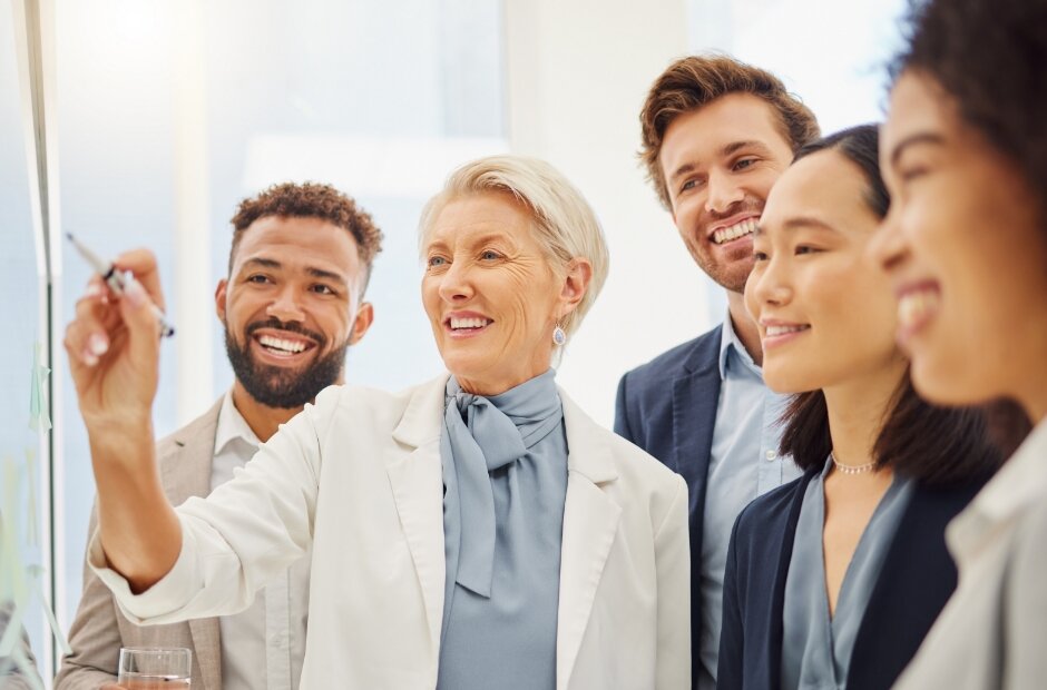 Diverse business team collaborating in discussion